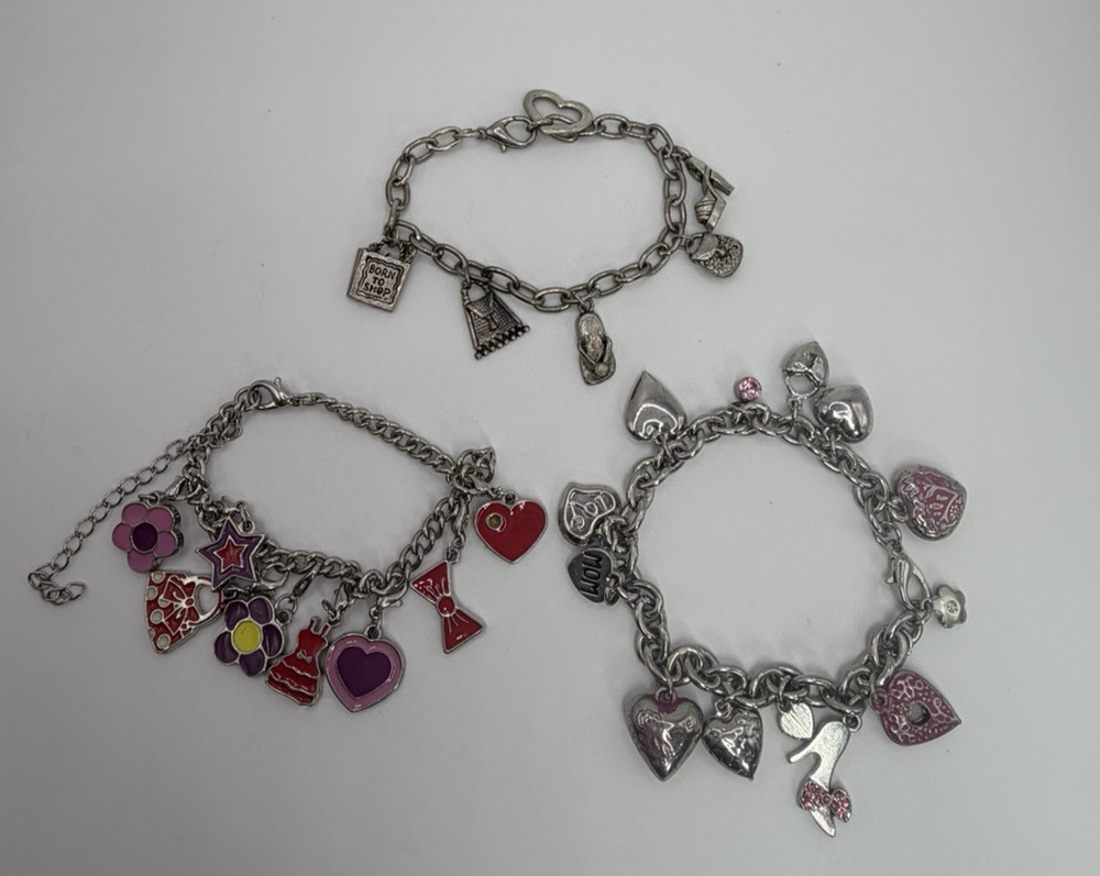 Charm Bracelet Lot Silver Tone Hearts Shopping Flower Flip Flop Purse 3 Bracelet